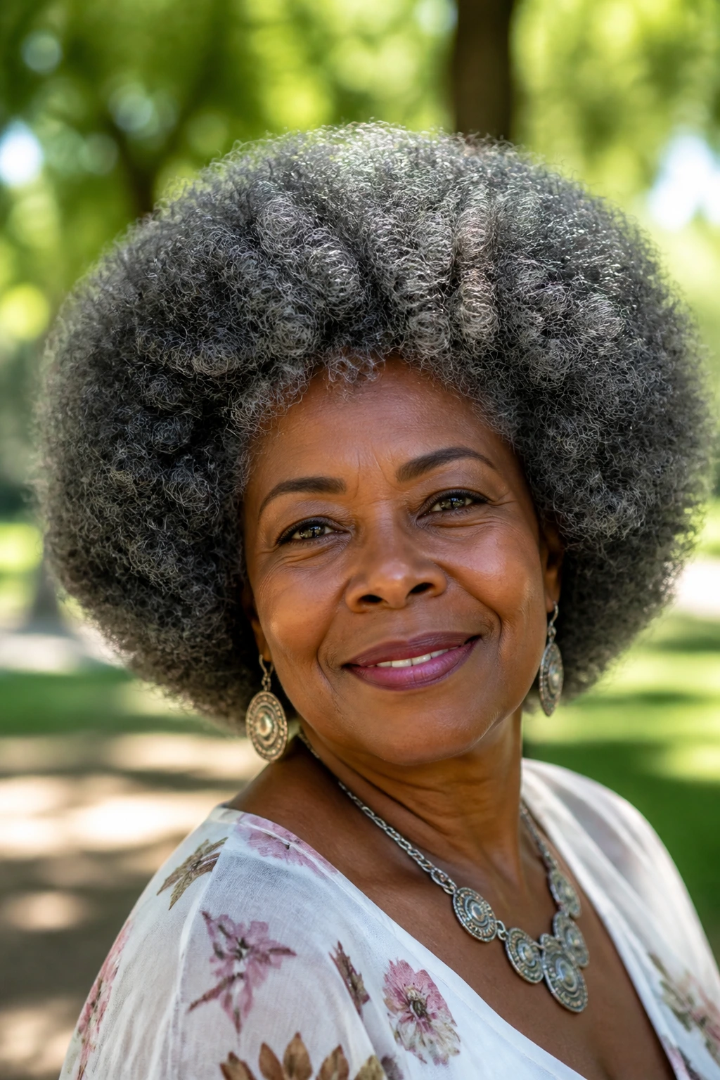Real woman with a rounded natural Afro under soft daylight.