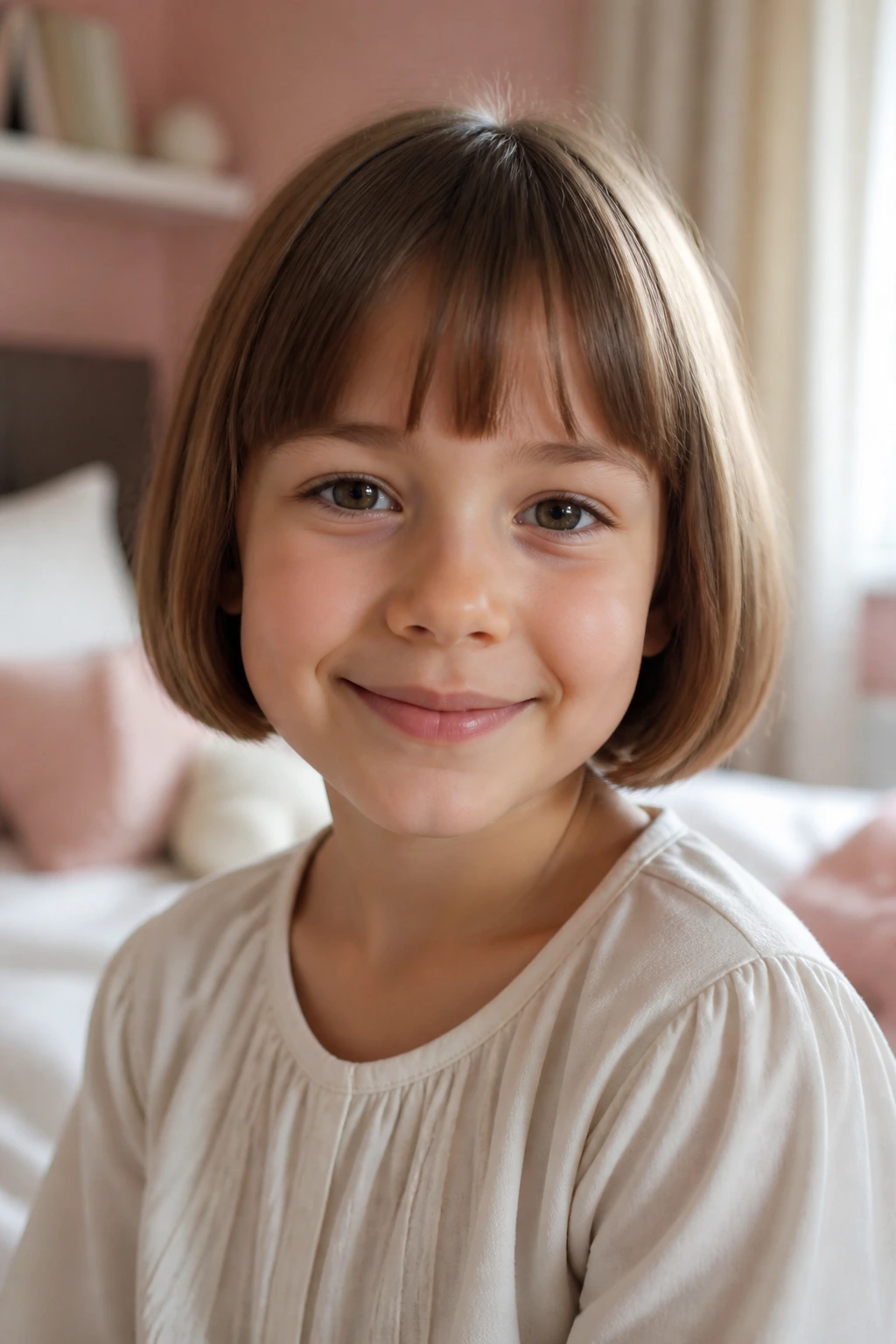 Close-up of a girl with rounded pageboy bob in morning light