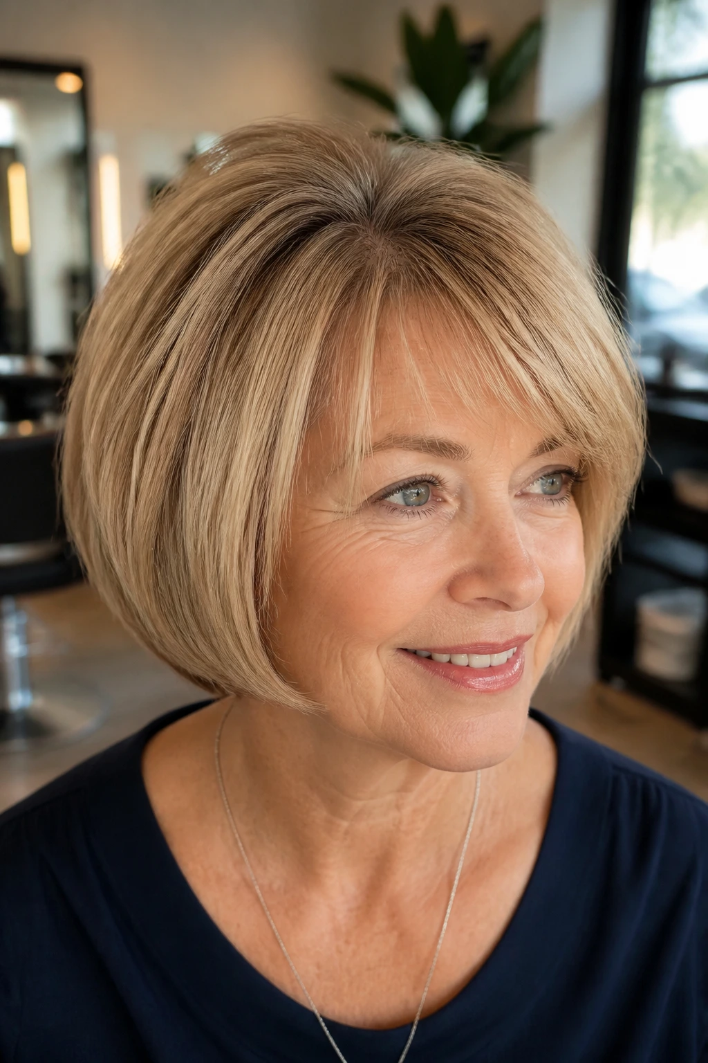 Close-up of a real woman with rounded pageboy haircut and lifted crown