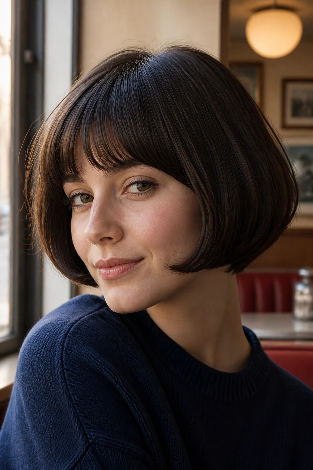 Close-up of real person with rounded pageboy hairstyle in a retro cafe