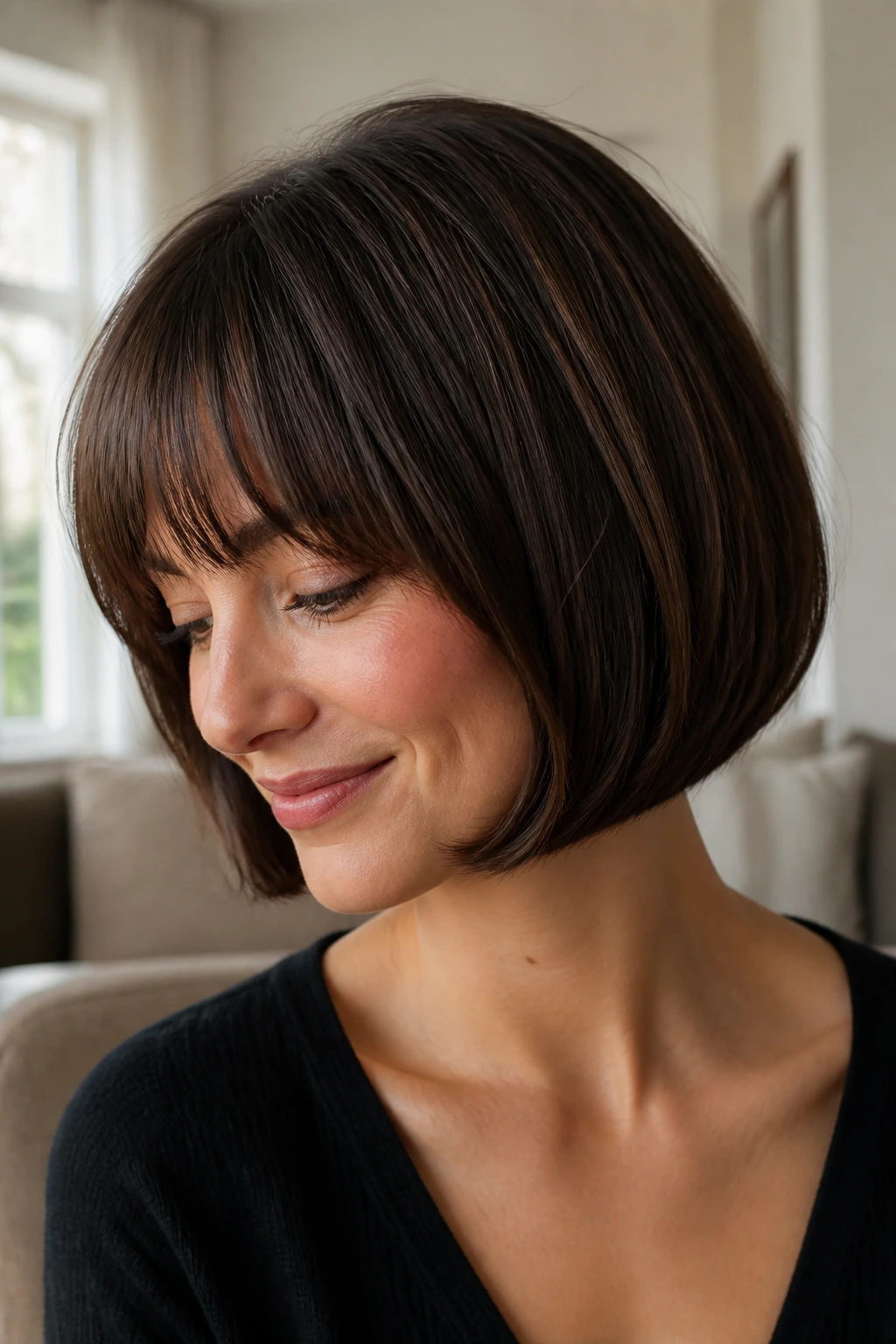Close-up portrait of a real woman with a rounded pageboy haircut showing curved ends.