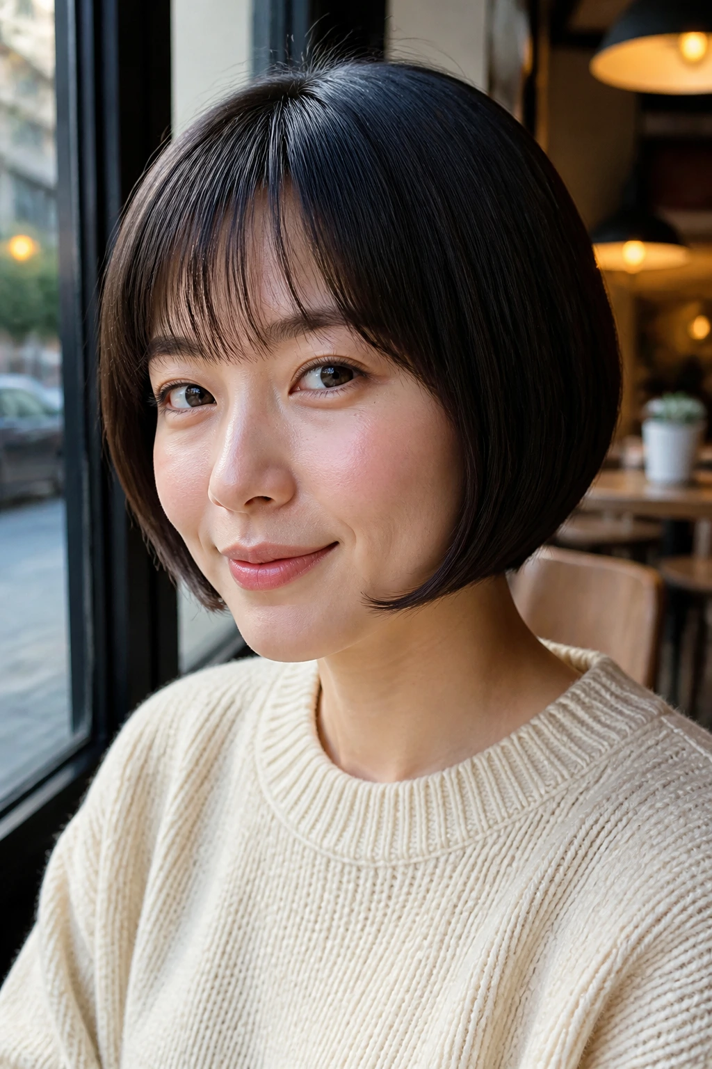 Close-up of rounded pageboy bob with thin fringe on a real person.