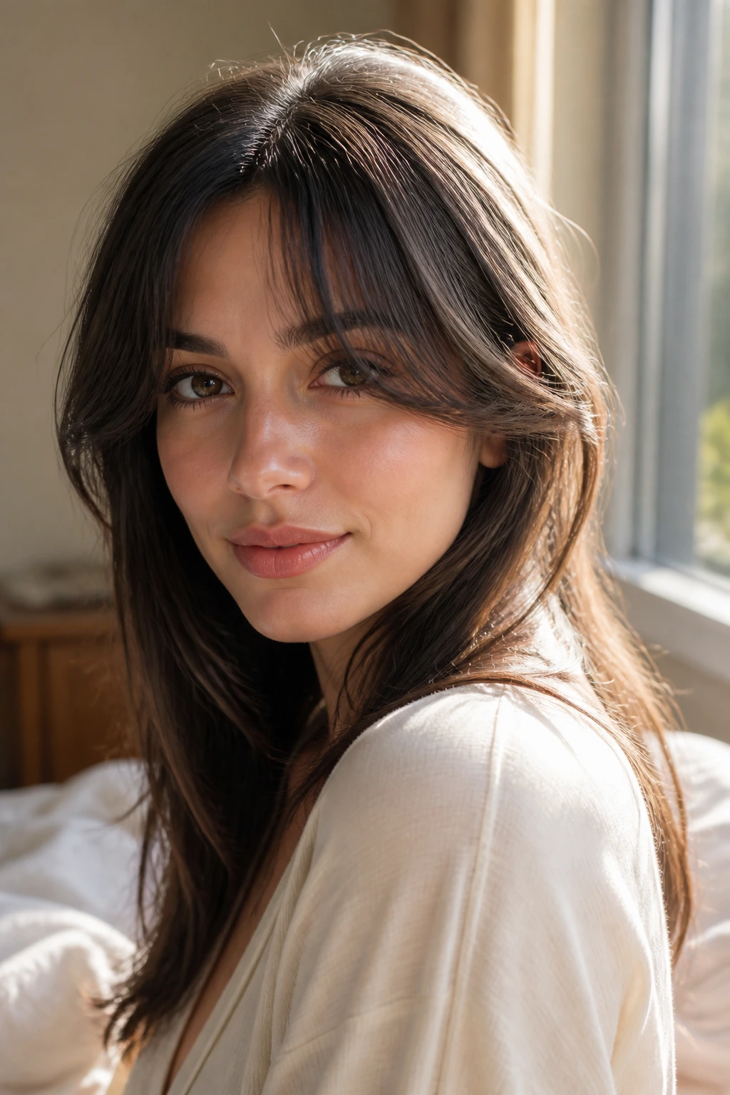 Close-up of a real woman with rounded parted fringe under warm window light.