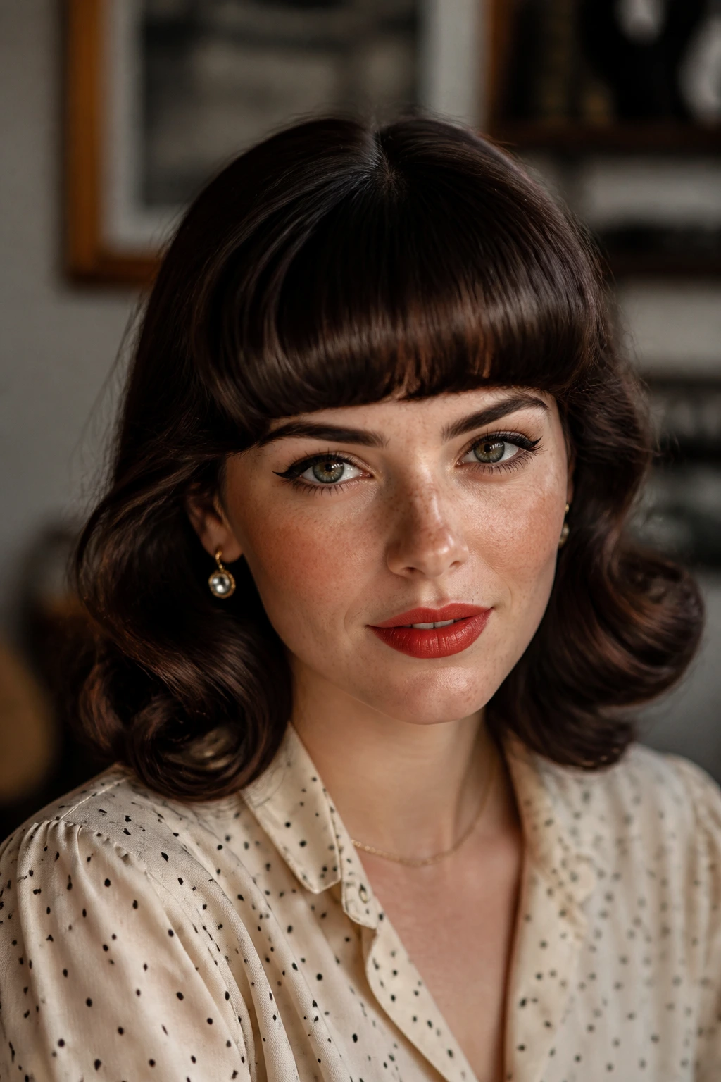 Close-up of a real woman with rounded pin-up fringe and soft arch