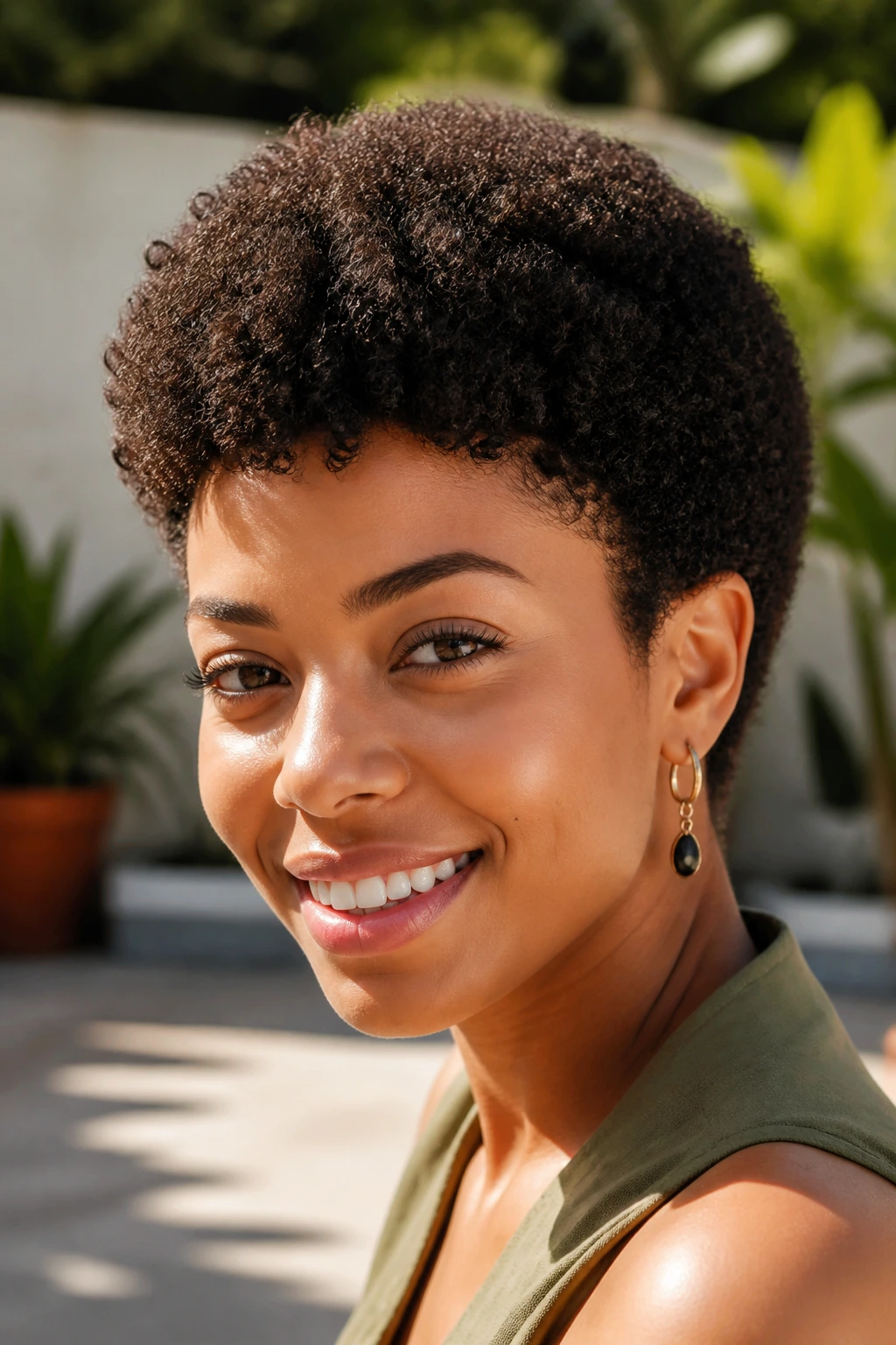 Close-up portrait of a real person with a rounded pixie afro and curved perimeter.