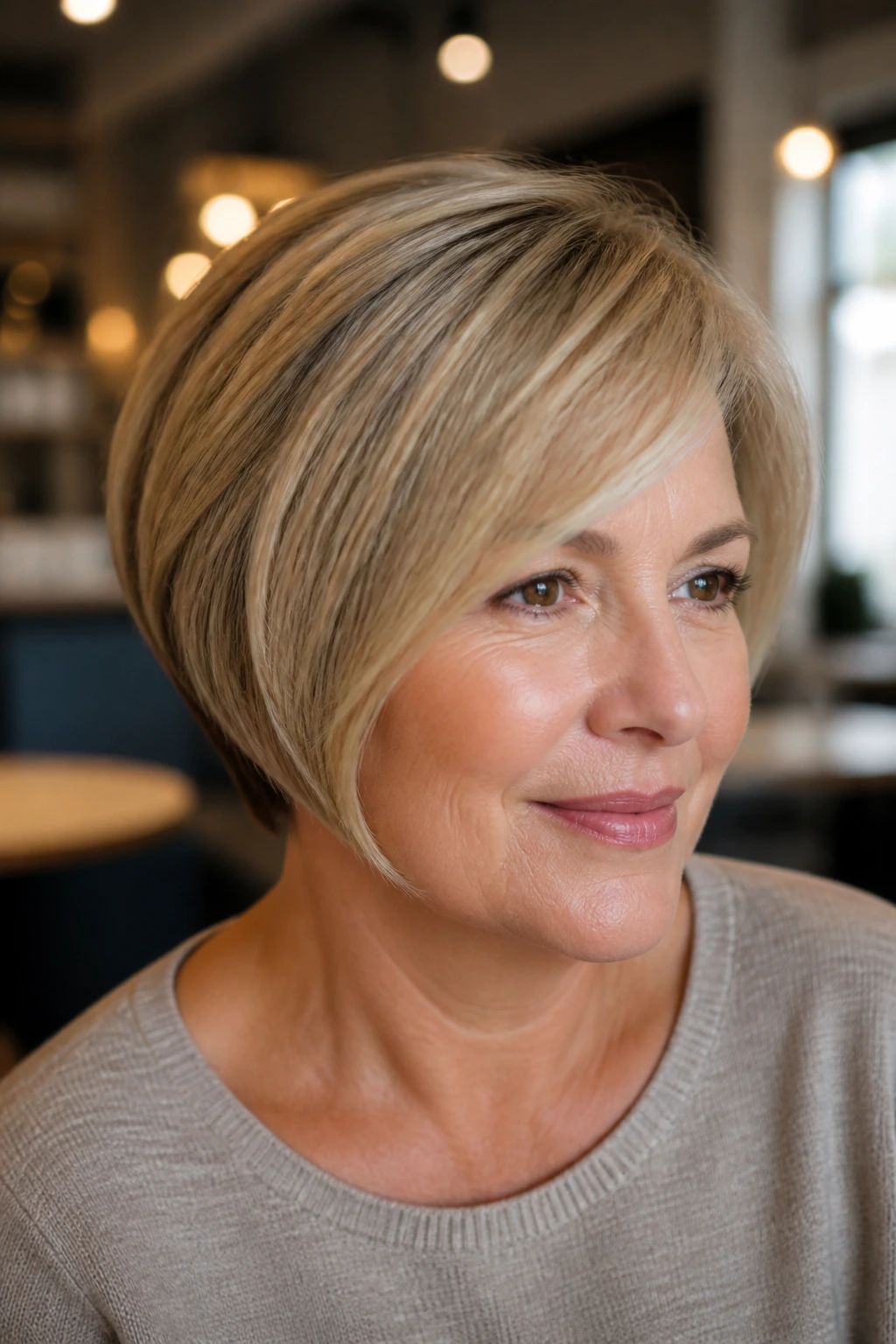 Close-up portrait of a woman with a rounded pixie-bob hairstyle.