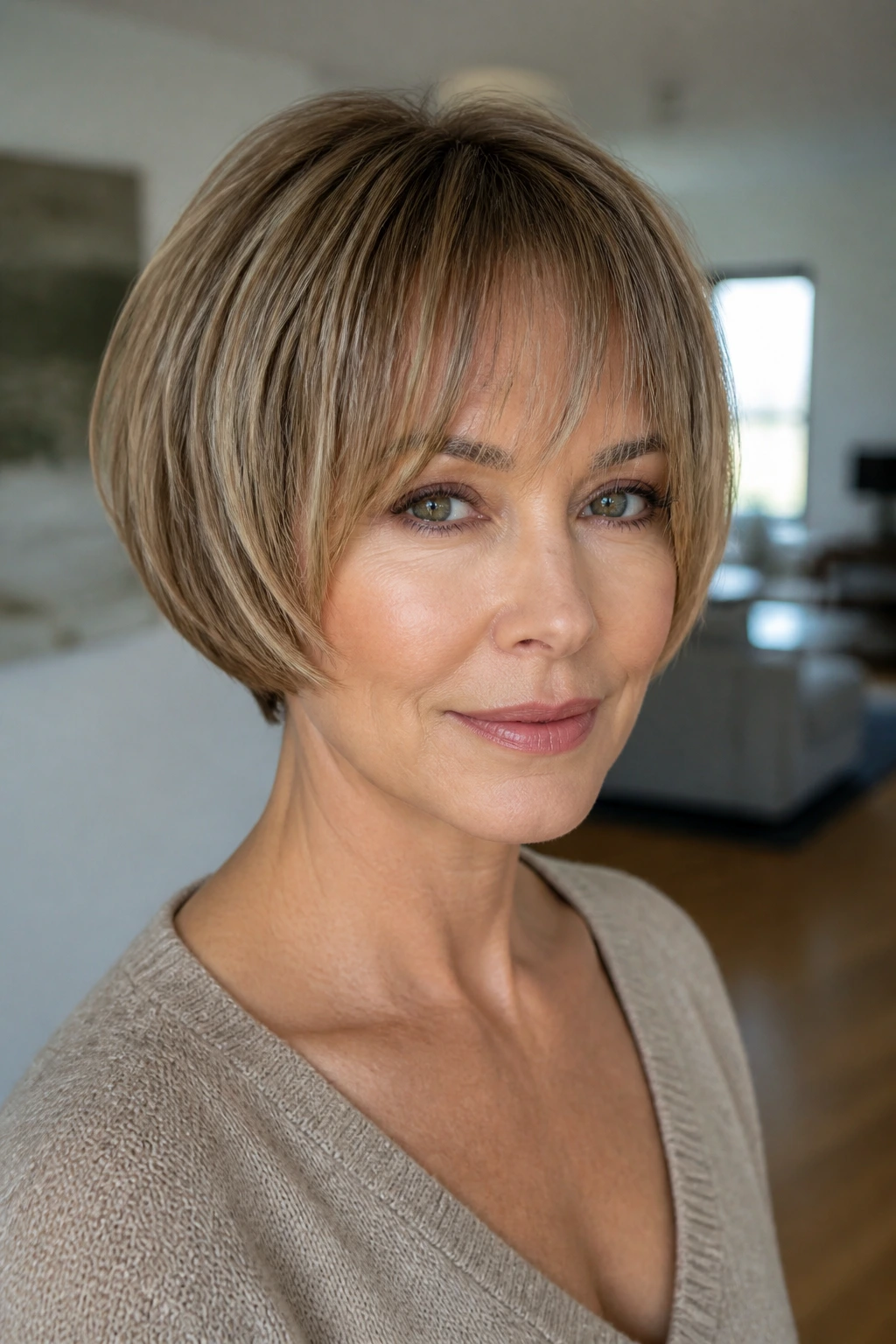 Close-up of a person with rounded pixie bob and face-hugging bangs in bright indoor light