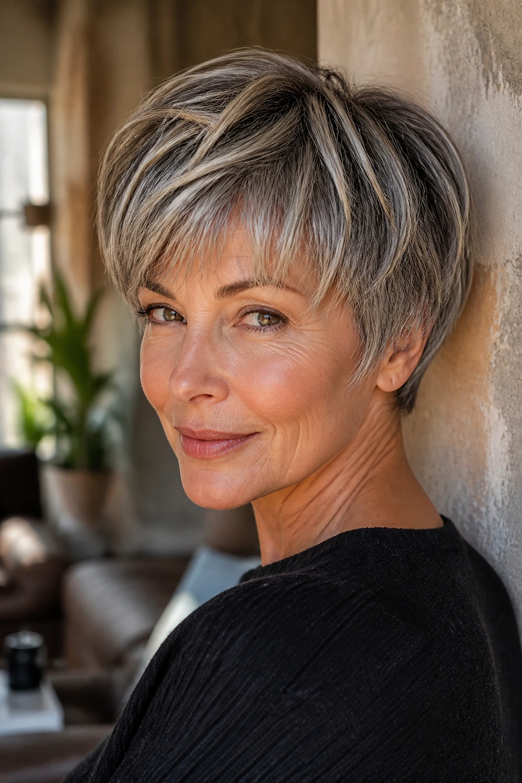 Close-up of a real woman showing a rounded pixie bob with piecey fringe in a sunlit apartment.