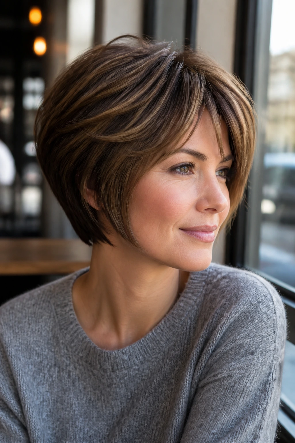 Close-up of real woman with rounded pixie bob under natural daylight