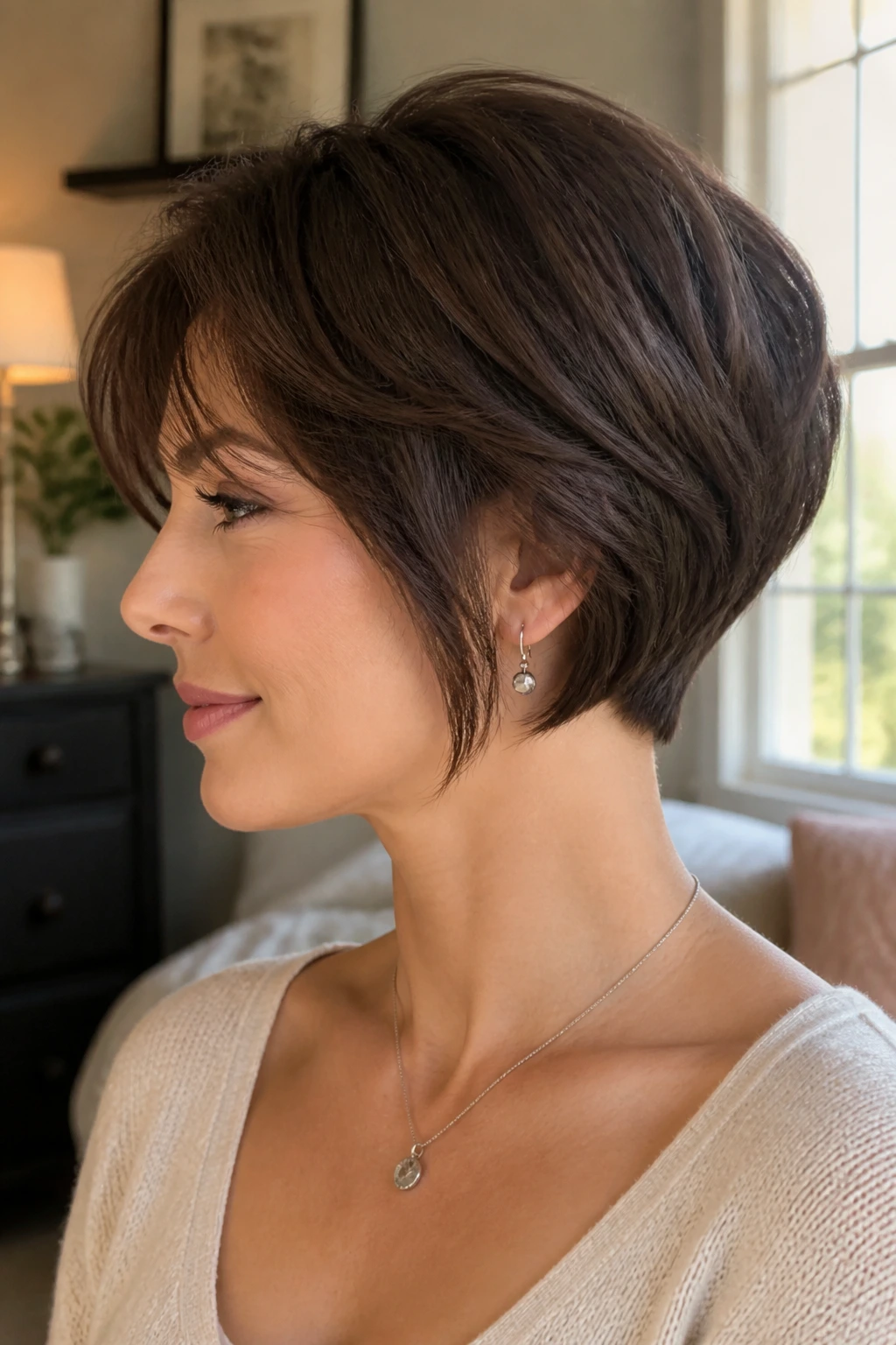 Close-up of a real woman with a rounded pixie bob and curved nape.