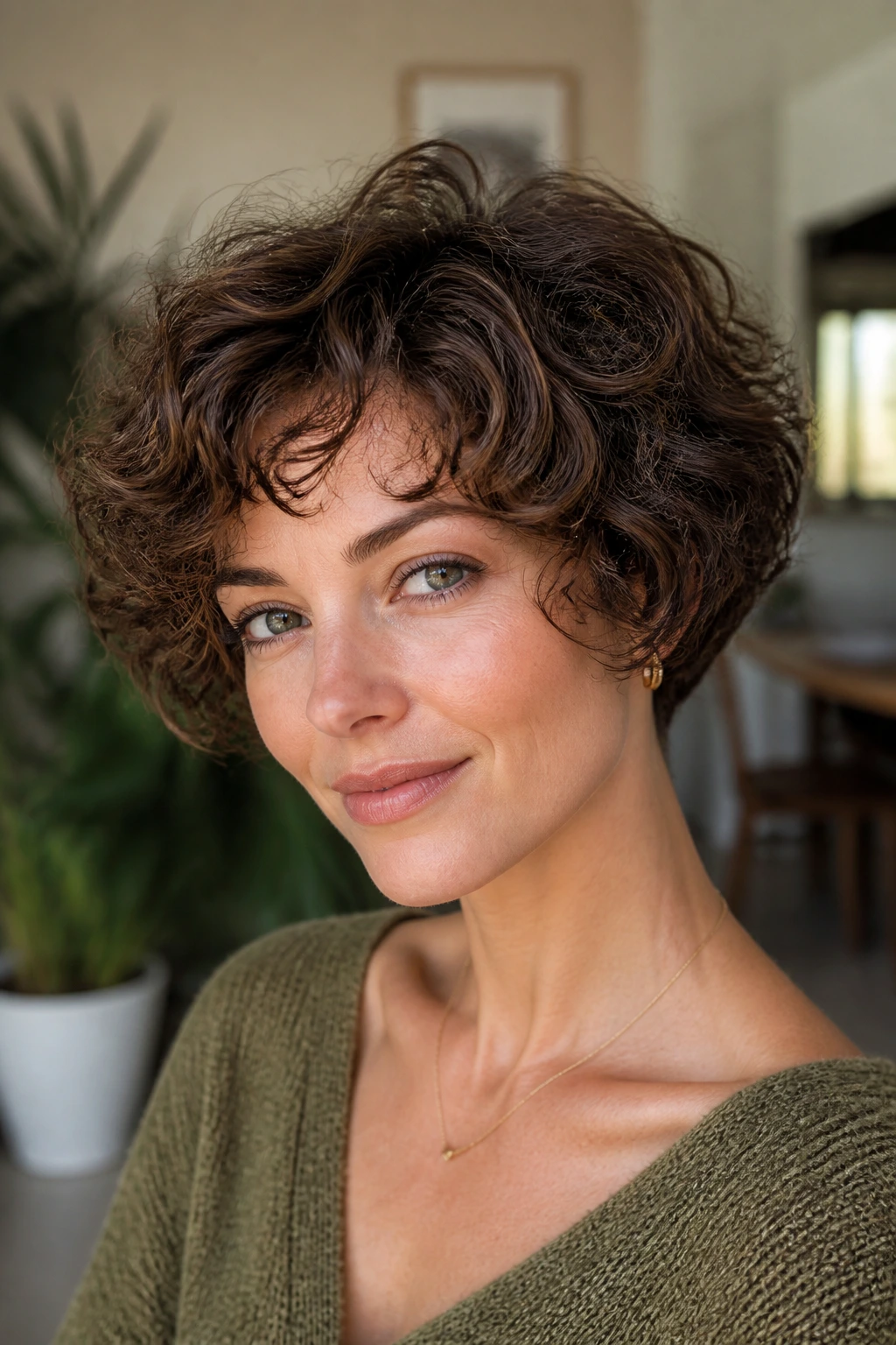 Close-up of a woman with rounded pixie bob and plush crown hairstyle.
