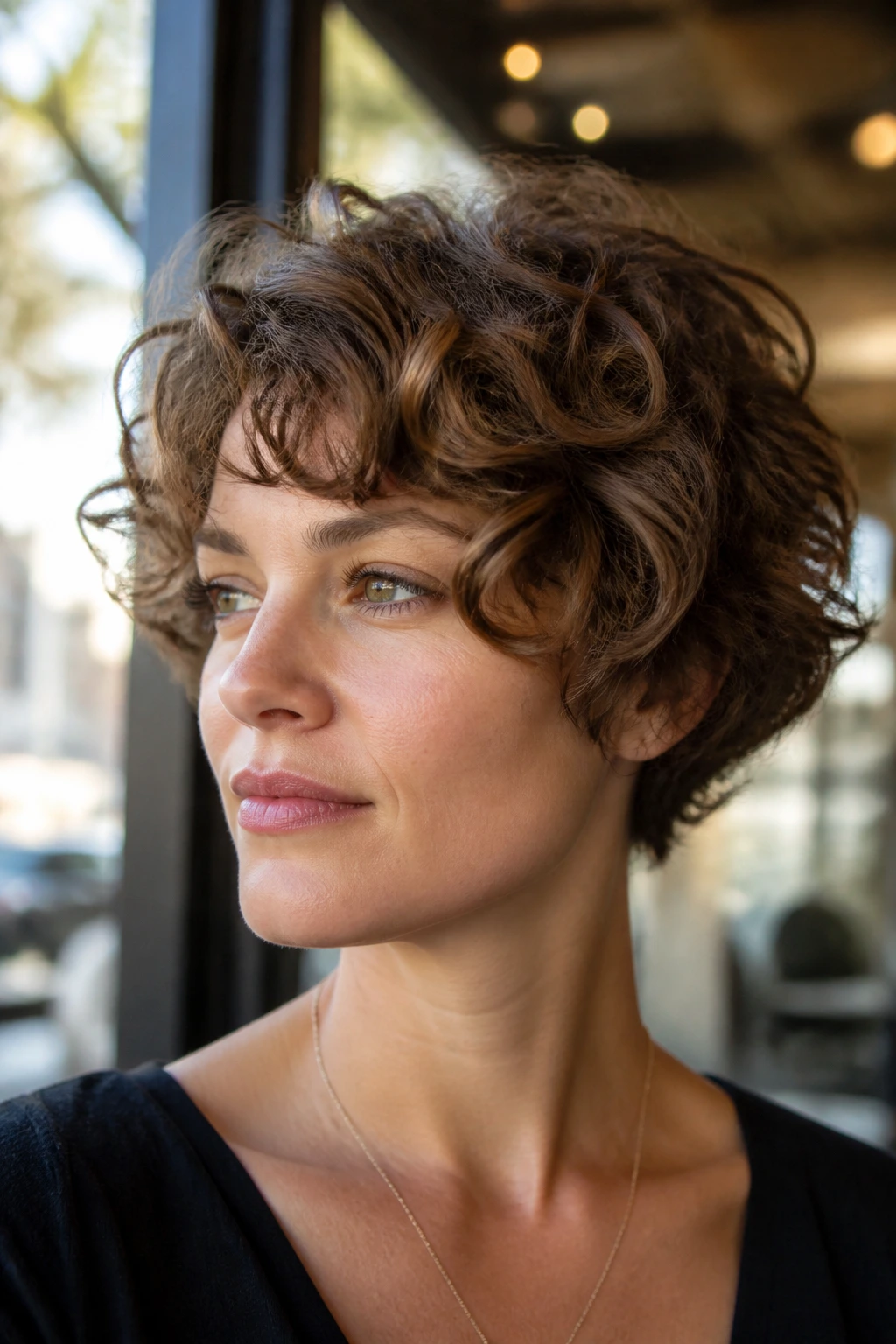 Close-up portrait of a person with a rounded pixie bob in soft sunlight