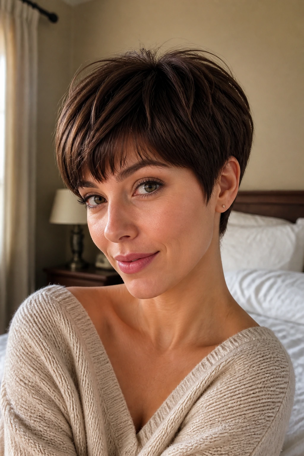 Close-up portrait of a woman with a rounded pixie crop in natural window light