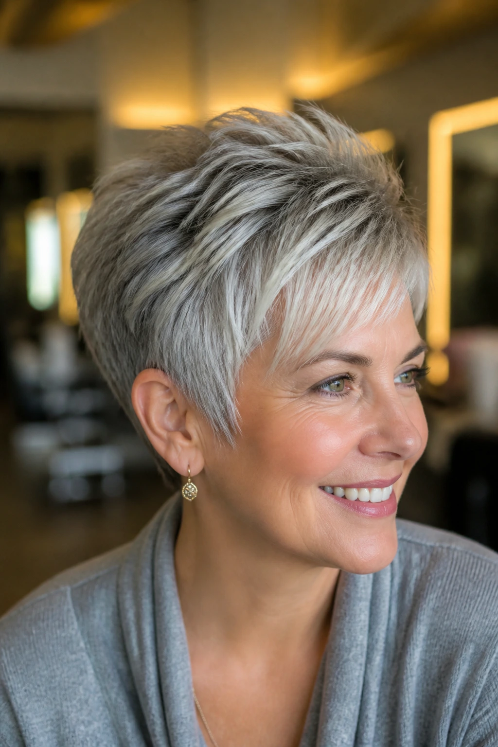 Portrait of a woman with rounded pixie and crown lift