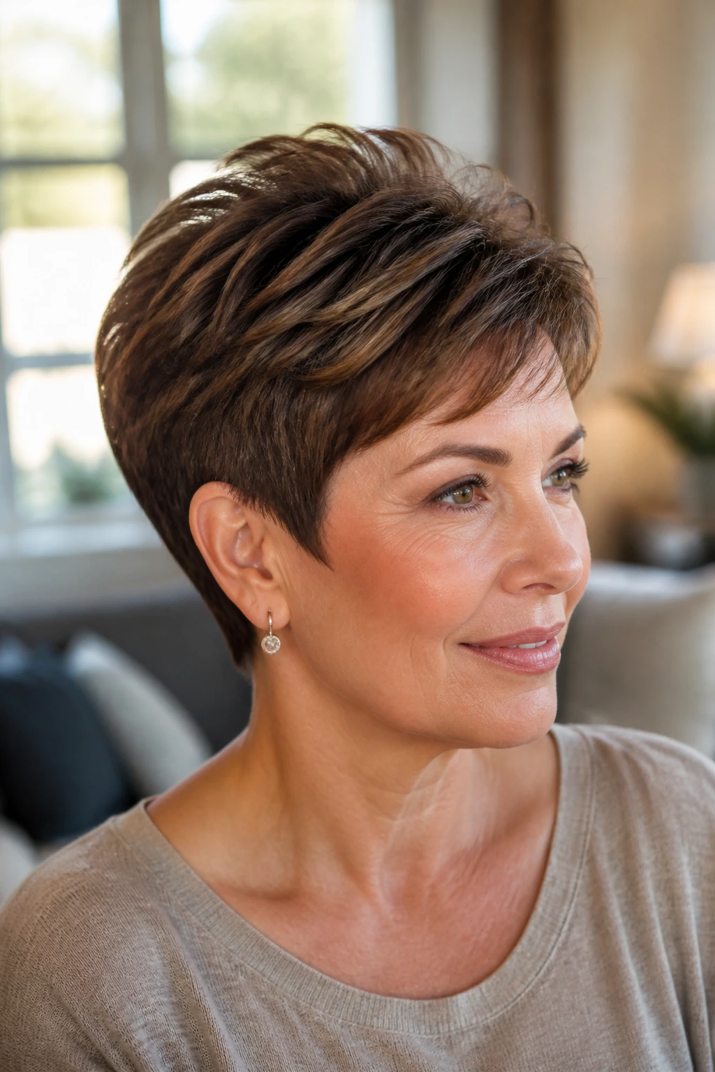 Real woman portrait with rounded pixie and crown lift hairstyle