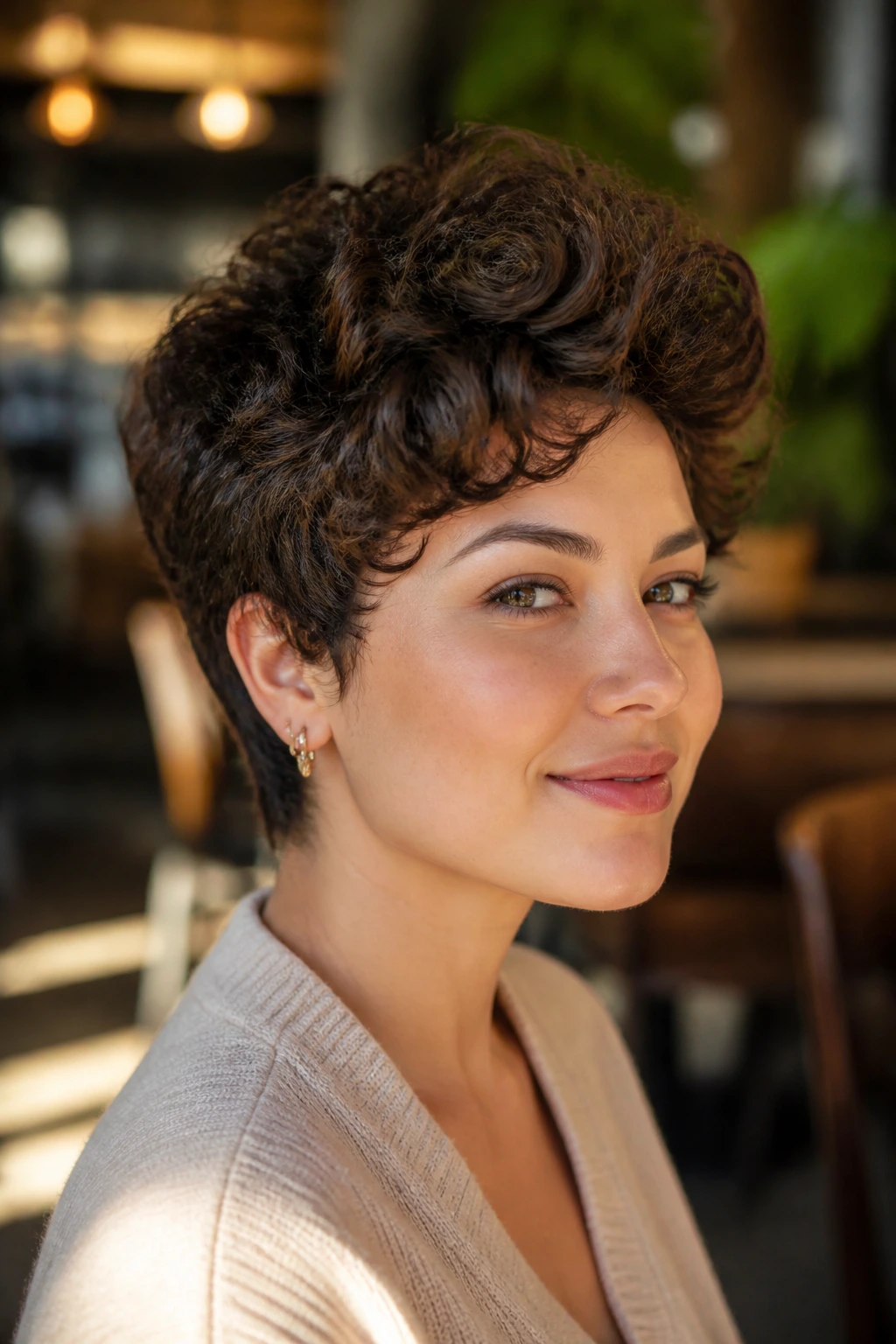 Close-up of rounded curly pixie with crown height on a real woman in a cafe.