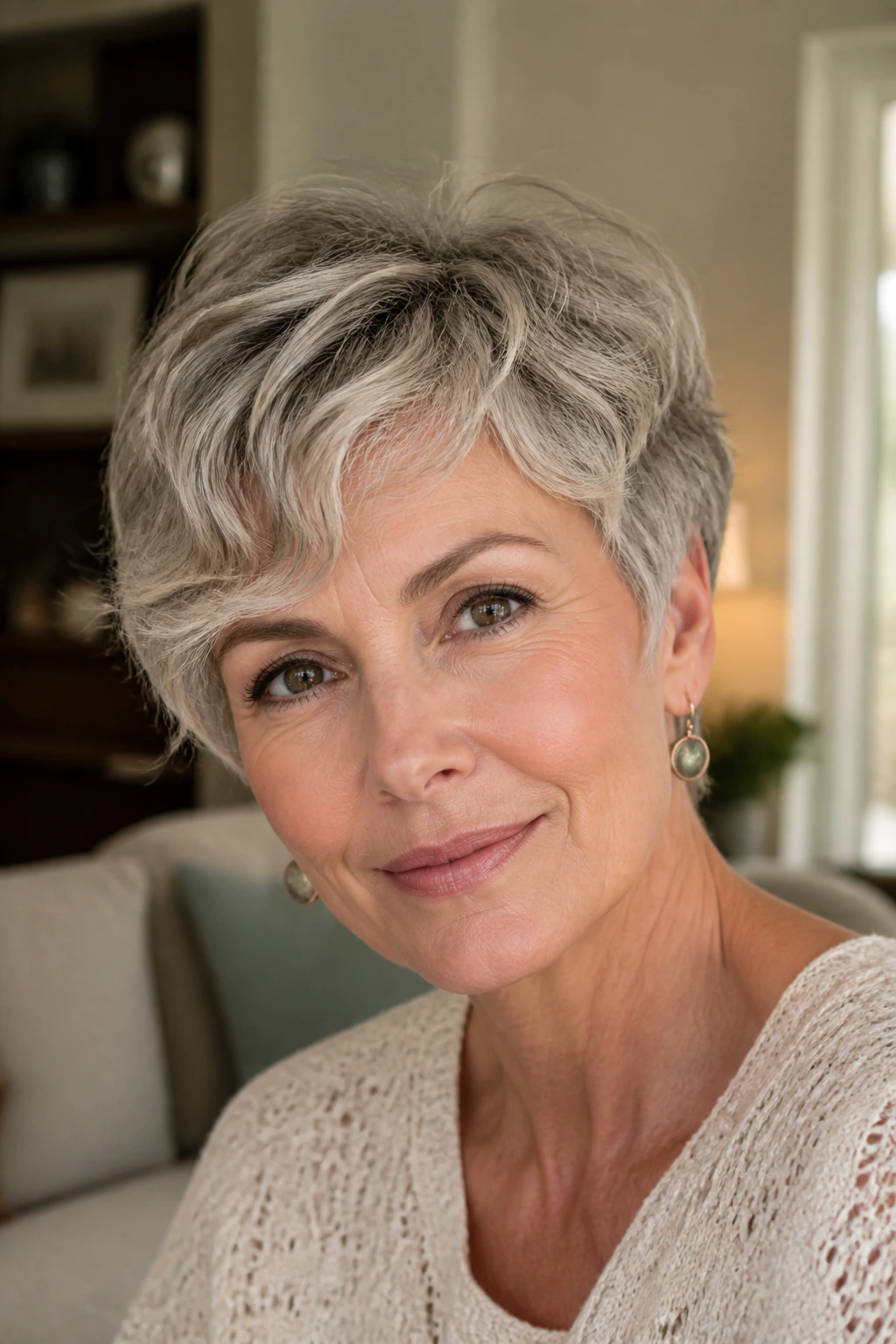 Close-up of a real woman with rounded pixie and face-framing waves in natural daylight