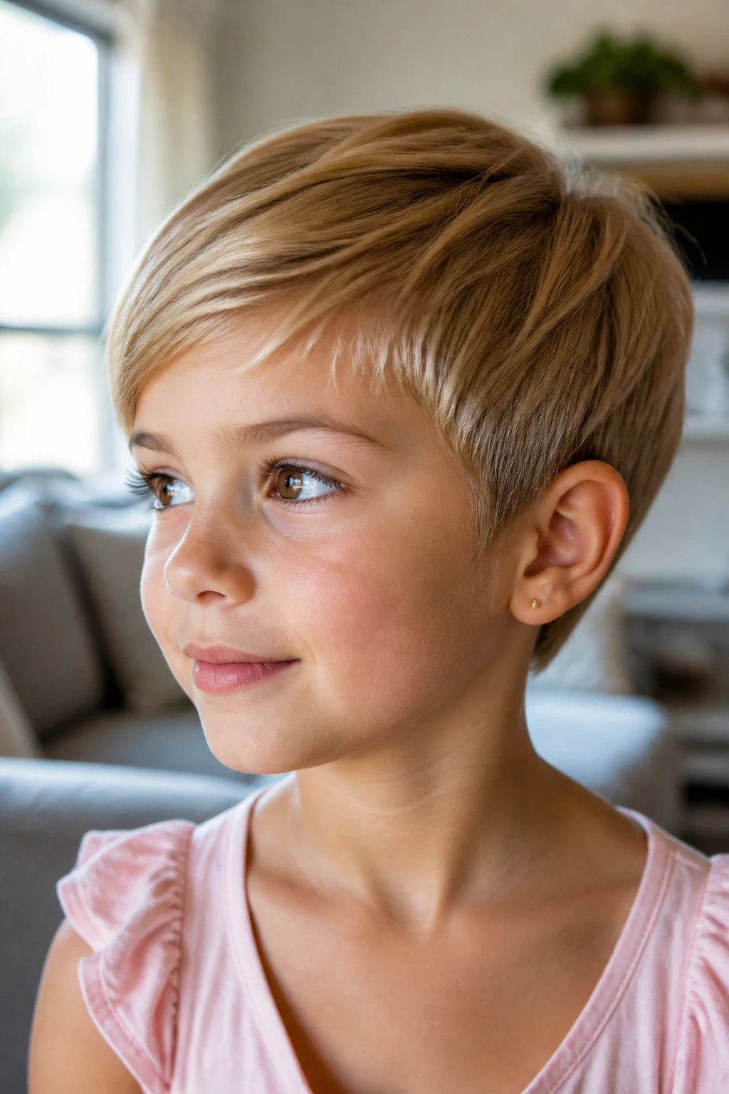 Portrait of a girl with rounded pixie for fine hair, crown and rounded silhouette.