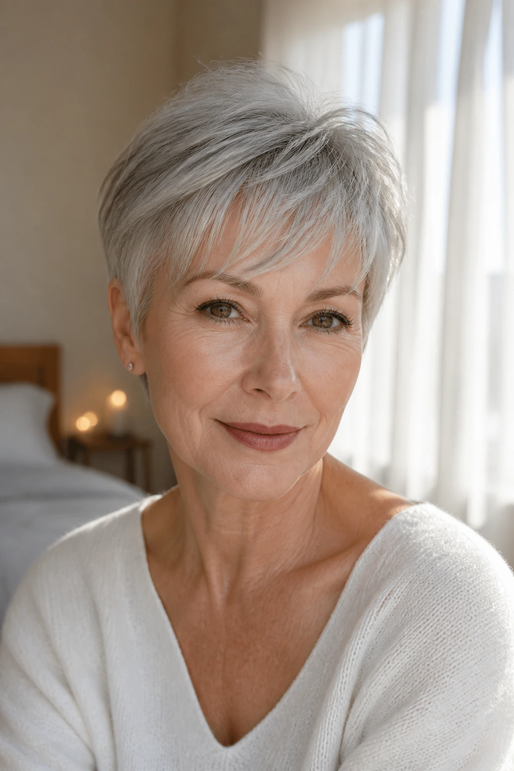Close-up of a woman with rounded pixie and wispy fringe in sunlit bedroom
