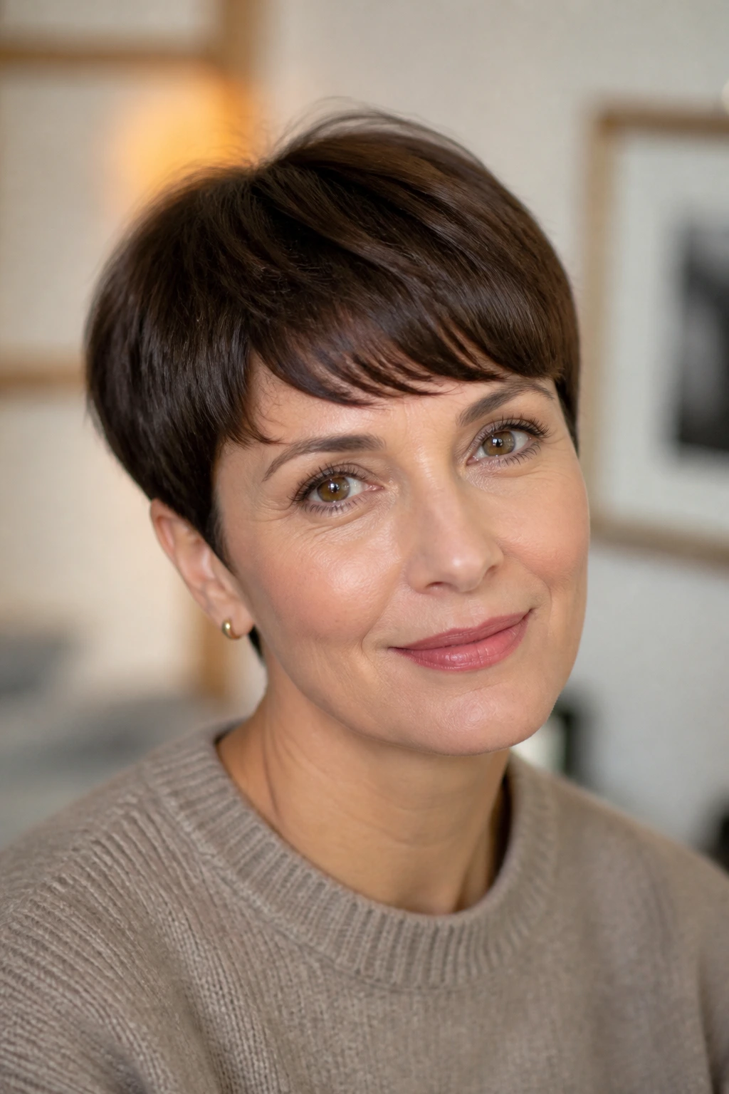 Close-up of a real woman with rounded pixie fringe hairstyle