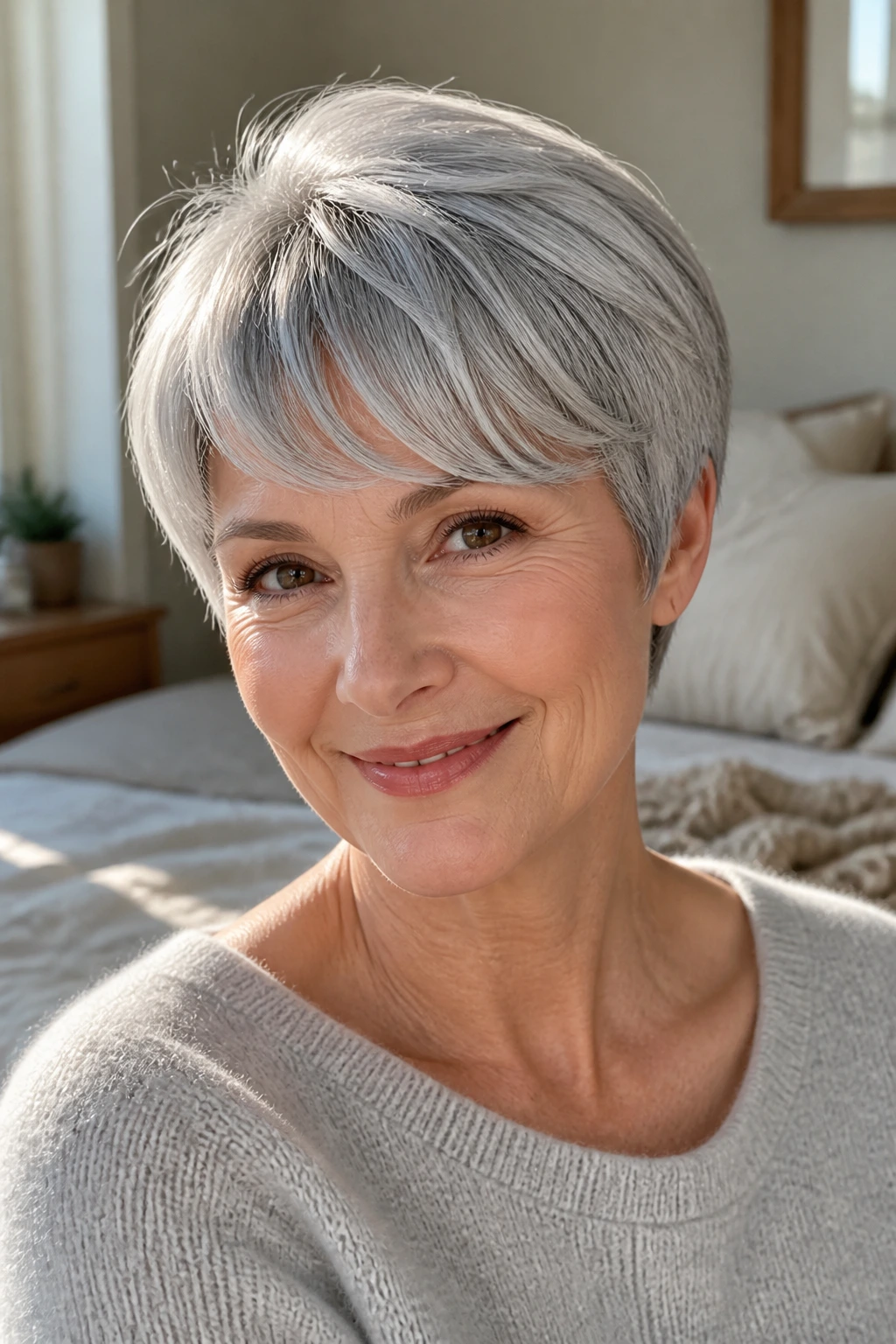 Close-up portrait of a real person with rounded pixie and curved fringe in gray.
