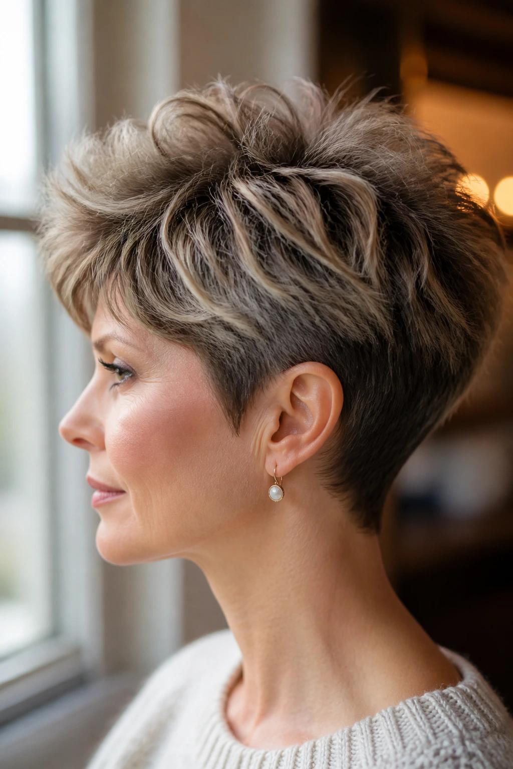 Portrait of person with rounded pixie hairstyle and fluffy crown