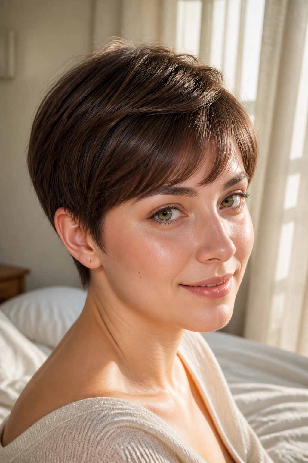 Close-up of a real woman with rounded feminine pixie in a sunlit bedroom