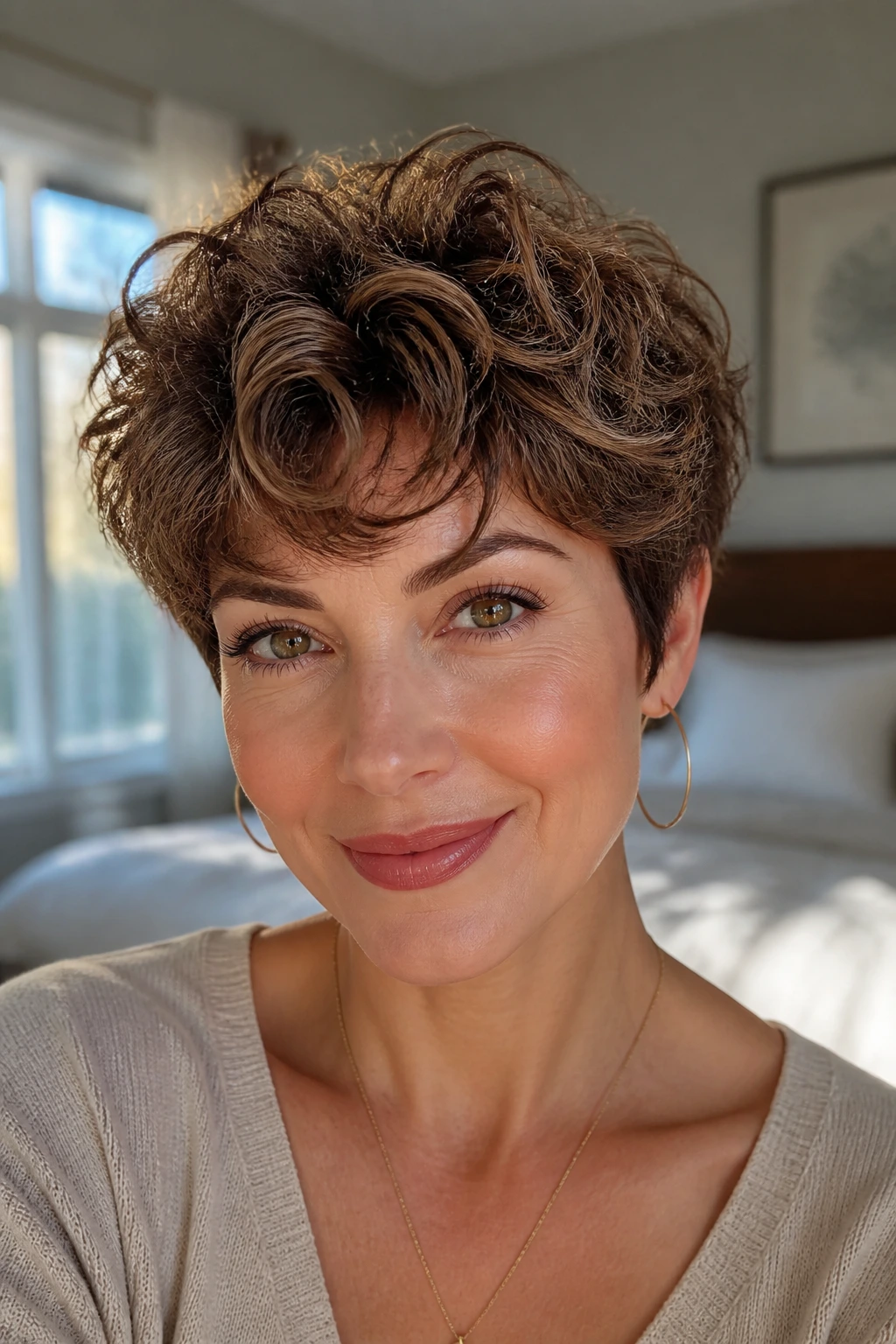 Close-up of a real woman with rounded pixie halo texture