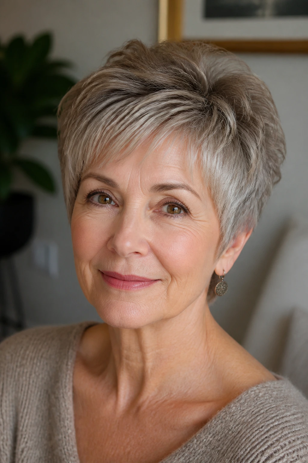 Portrait of a woman with a rounded pixie that balances a narrow face.