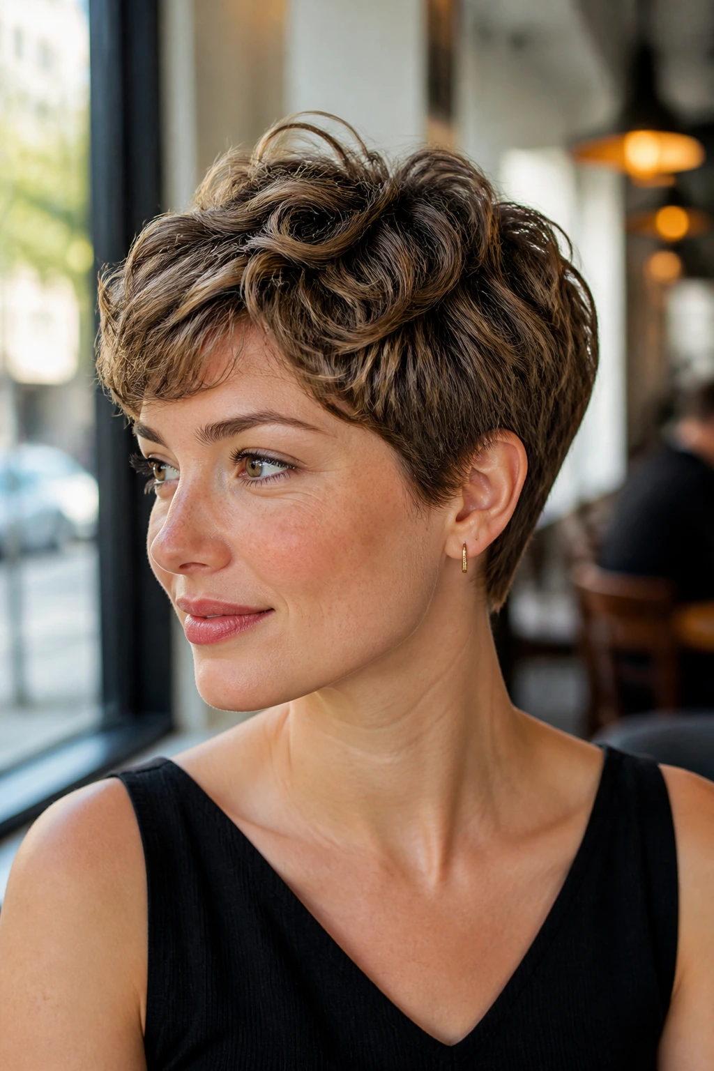 Close-up of a real person with rounded pixie in a sunny cafe