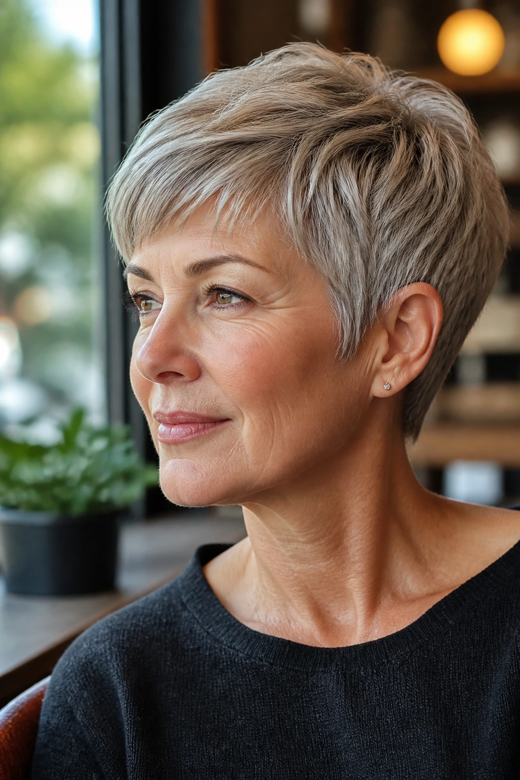 Close-up portrait of a real woman with rounded classic pixie, soft crown curve.