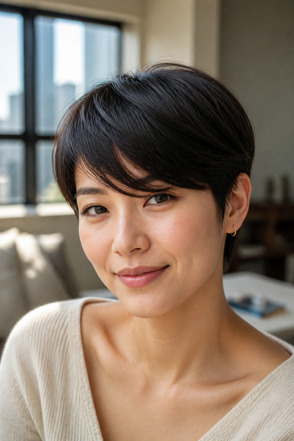 Close-up portrait of a person with rounded pixie and side fringe, warm natural light