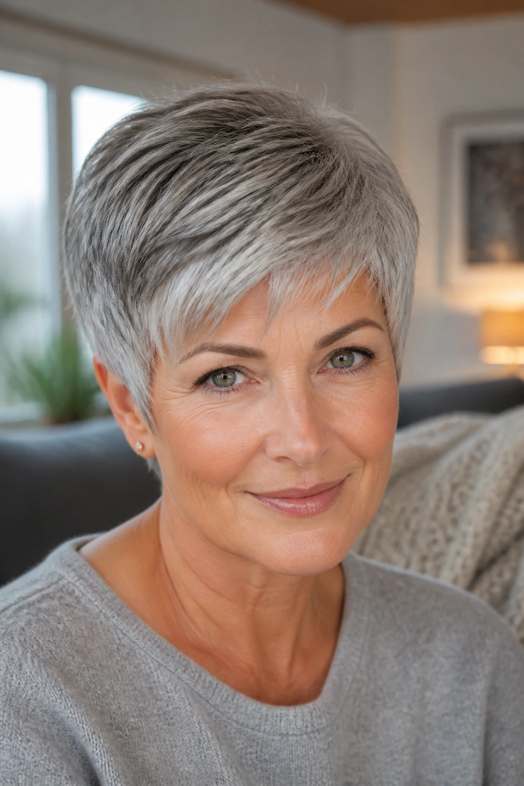 Close-up woman with rounded soft pixie haircut