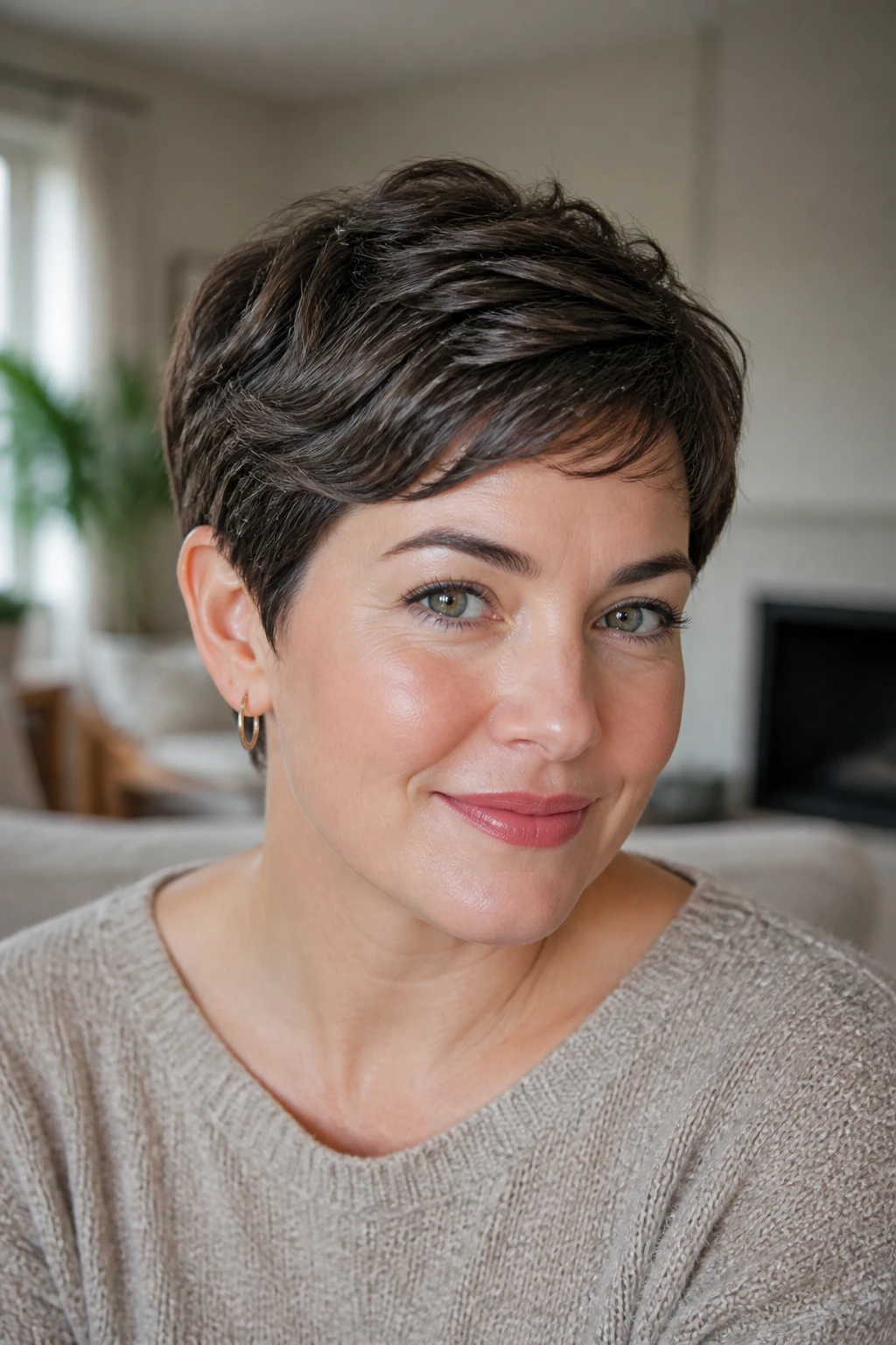 Close-up portrait of a woman with a rounded pixie cut in natural daylight.