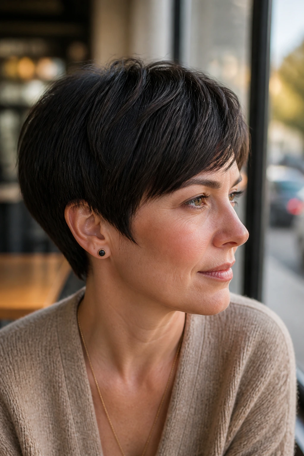 Close-up of a woman with a rounded pixie and soft profile in a sunlit cafe setting.