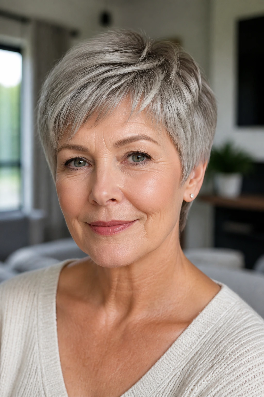 Real woman with rounded pixie and soft temples portrait