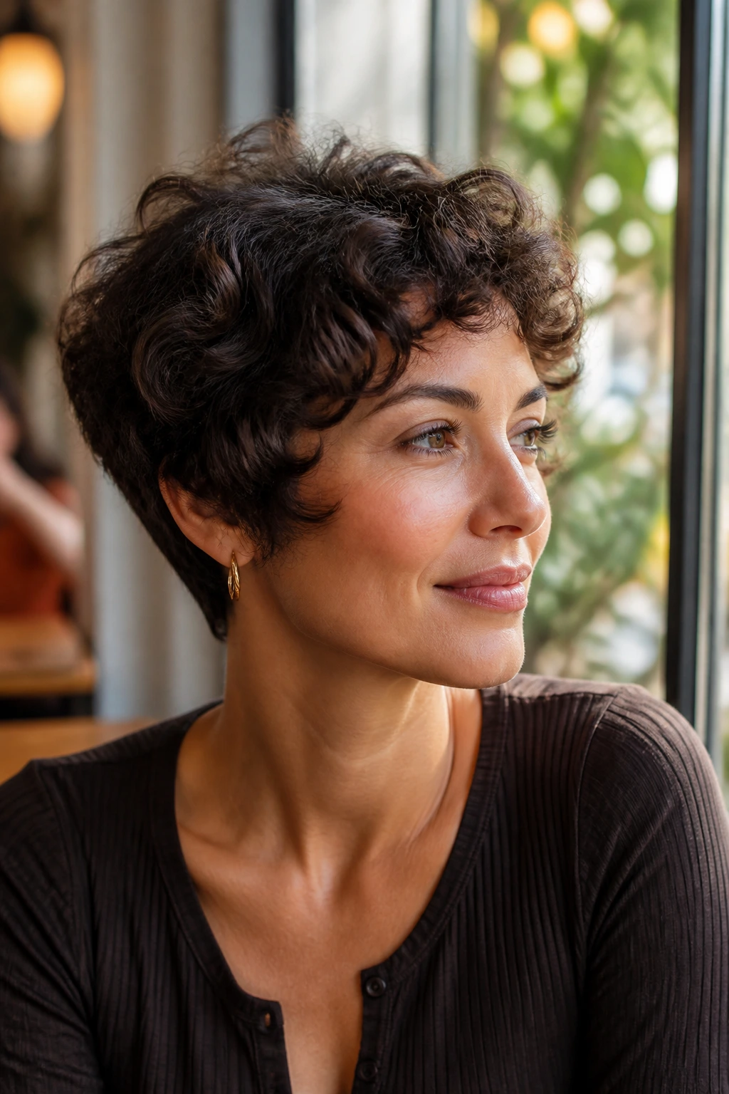Close-up of a real woman with a rounded pixie and temple-volume silhouette in warm daylight.