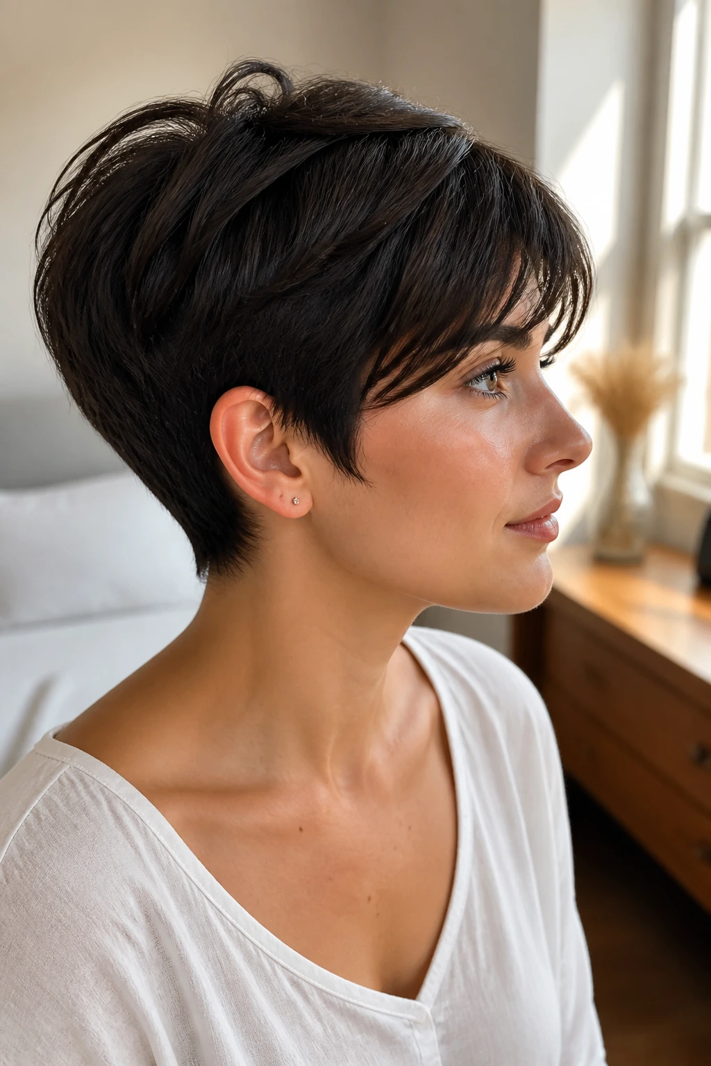 Close-up portrait of a real woman with rounded pixie and soft nape, warm window light