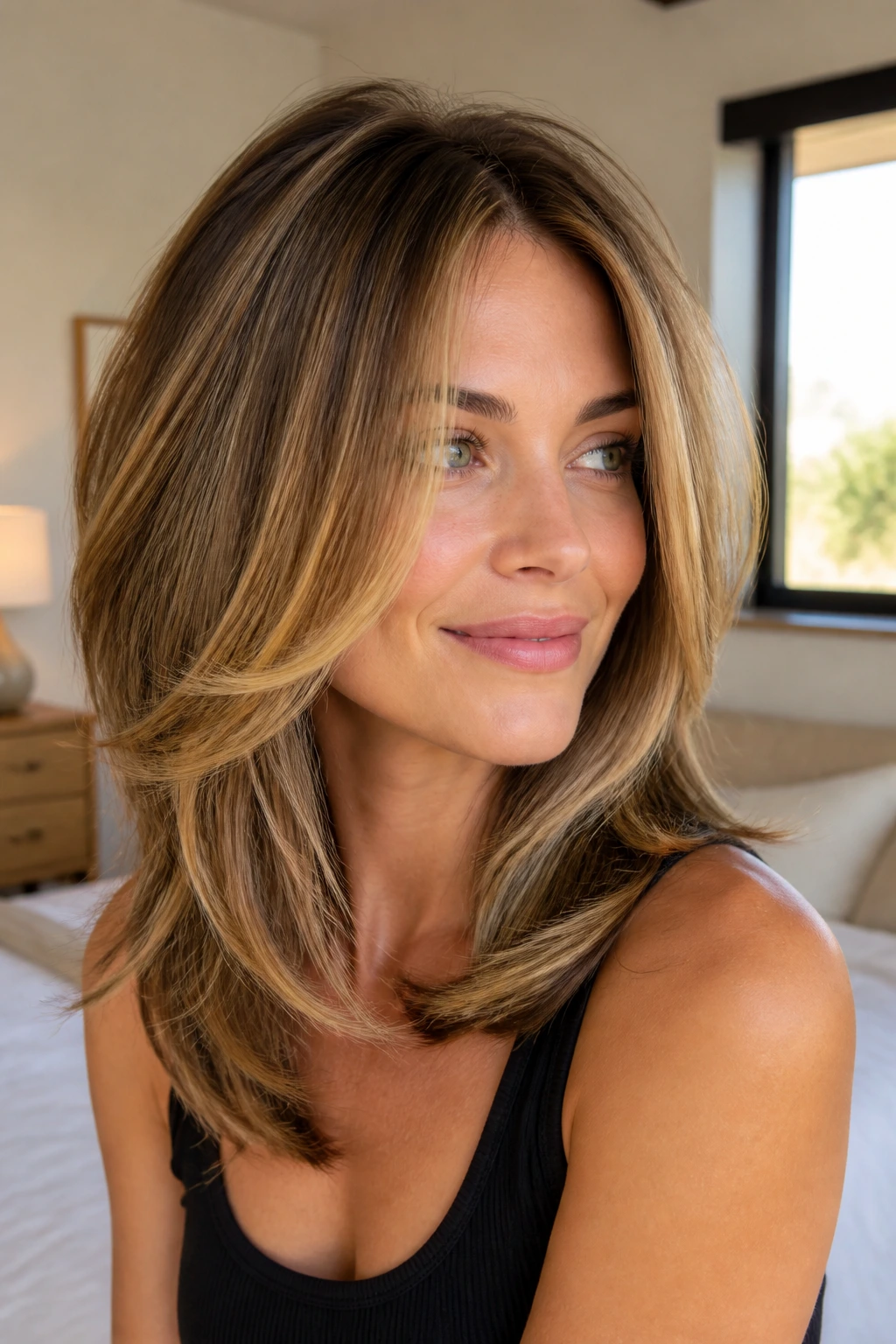 Close-up of a real woman with rounded Rachel layers and golden streaks framing her face