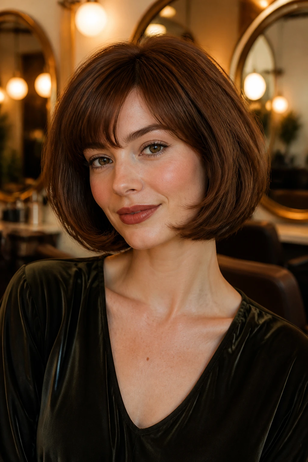 Close-up portrait of real woman with rounded retro bob and soft underlayers in retro-inspired setting