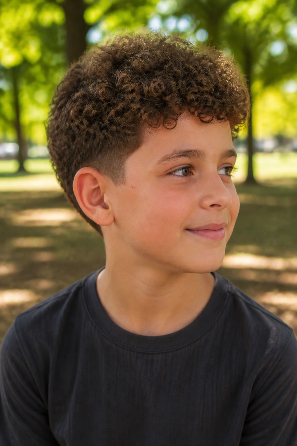 Close-up portrait of a boy with rounded scissor cut hairstyle