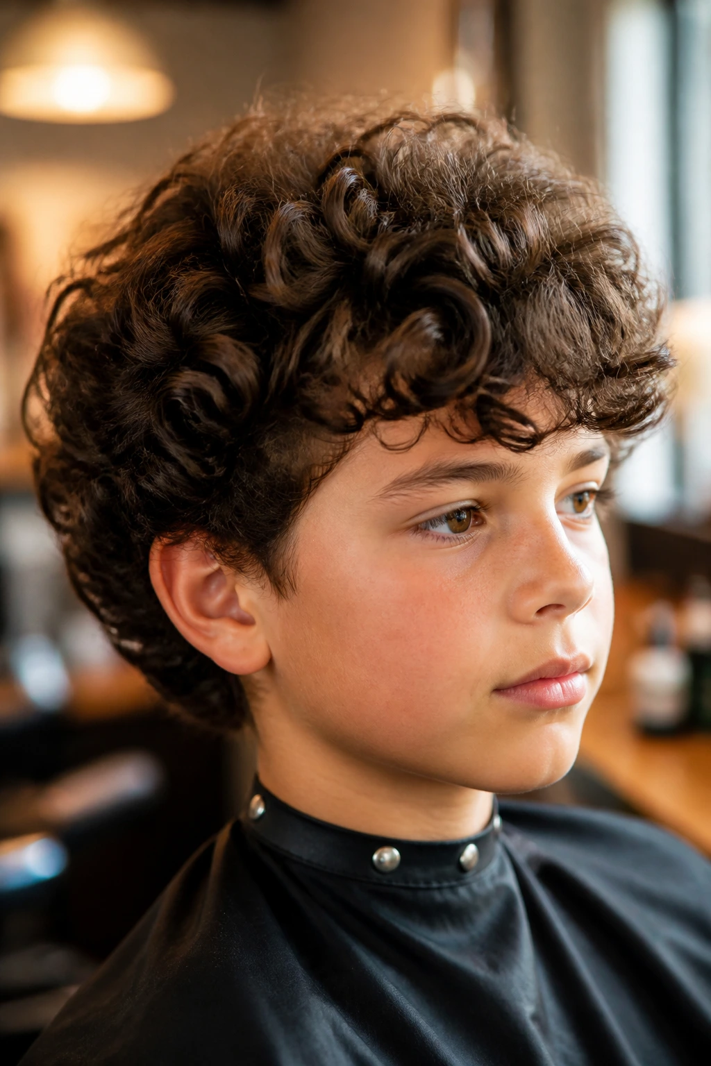 Close-up portrait of a boy with rounded scissor-cut curls following the head contour
