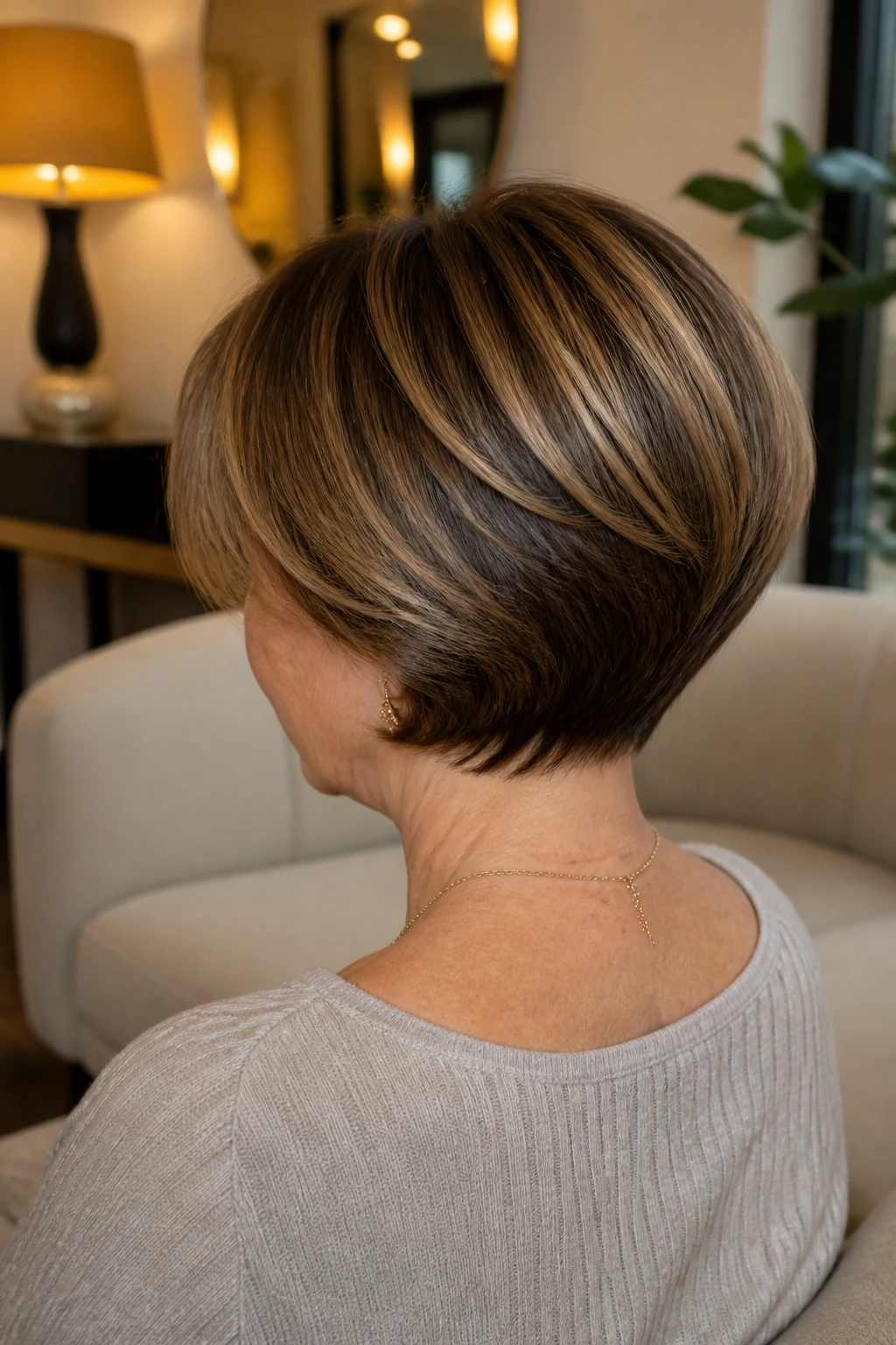 Rear three-quarter portrait of a real woman with rounded sculpted stack hairstyle