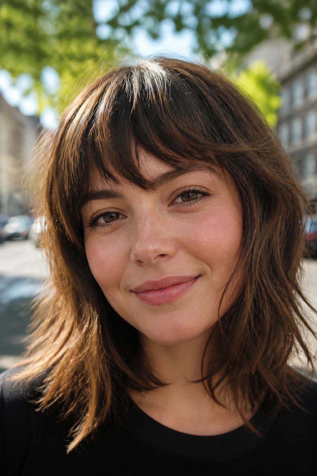 Close-up portrait of a real woman with rounded shag bangs