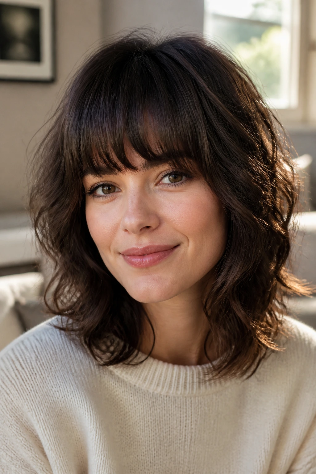 Close-up of brunette with rounded shag and full bangs in warm natural light.