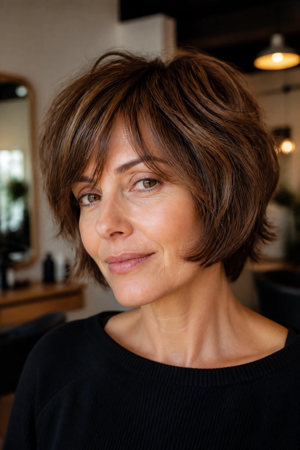 Close-up of a real woman with a rounded shag bob and lifted crown
