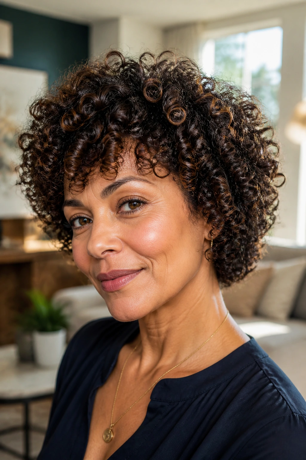 Real person with rounded shag bob on coily curls