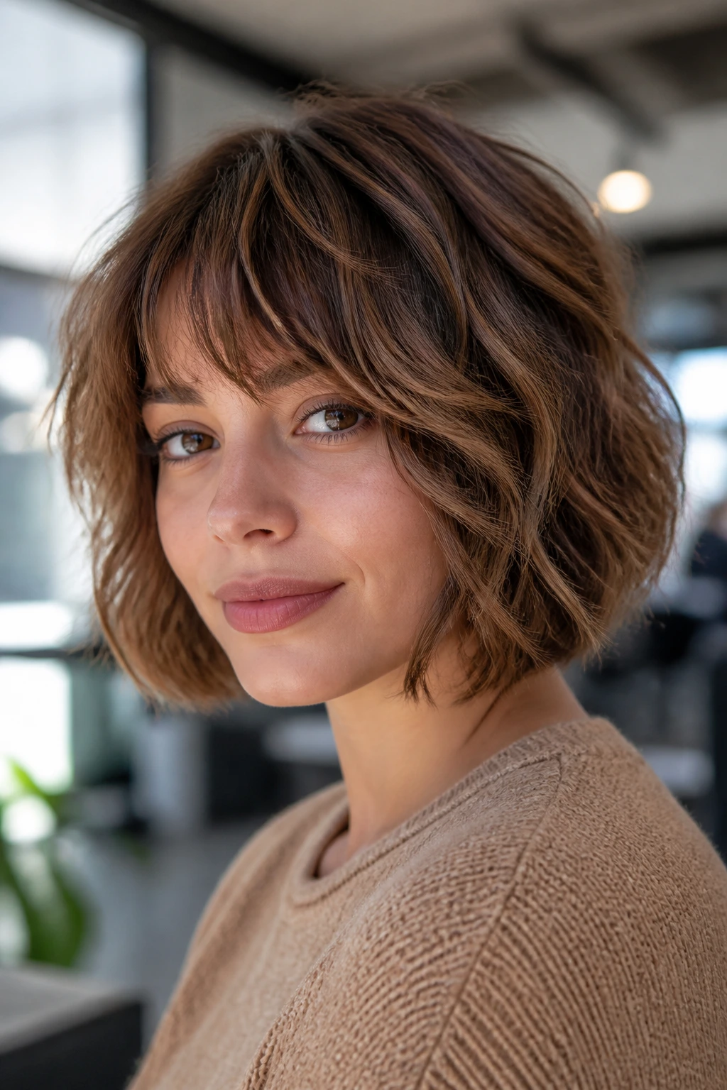 Close-up portrait of woman with rounded shag bob hairstyle in natural daylight