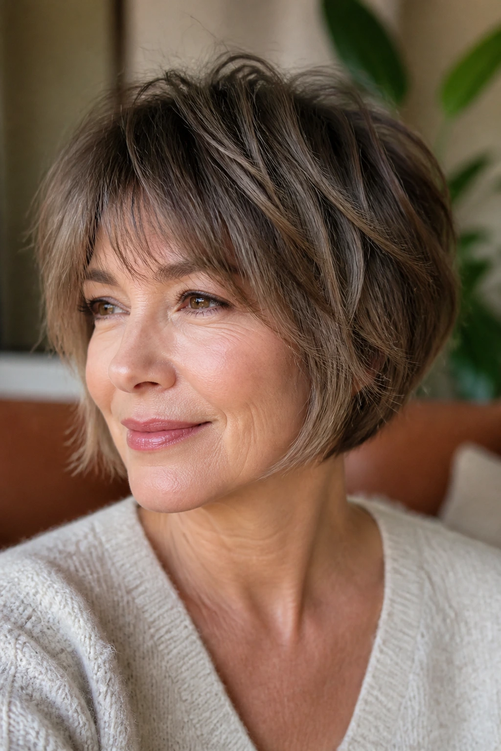 Portrait of a woman with a rounded shag bob showing textured crown and rounded silhouette.