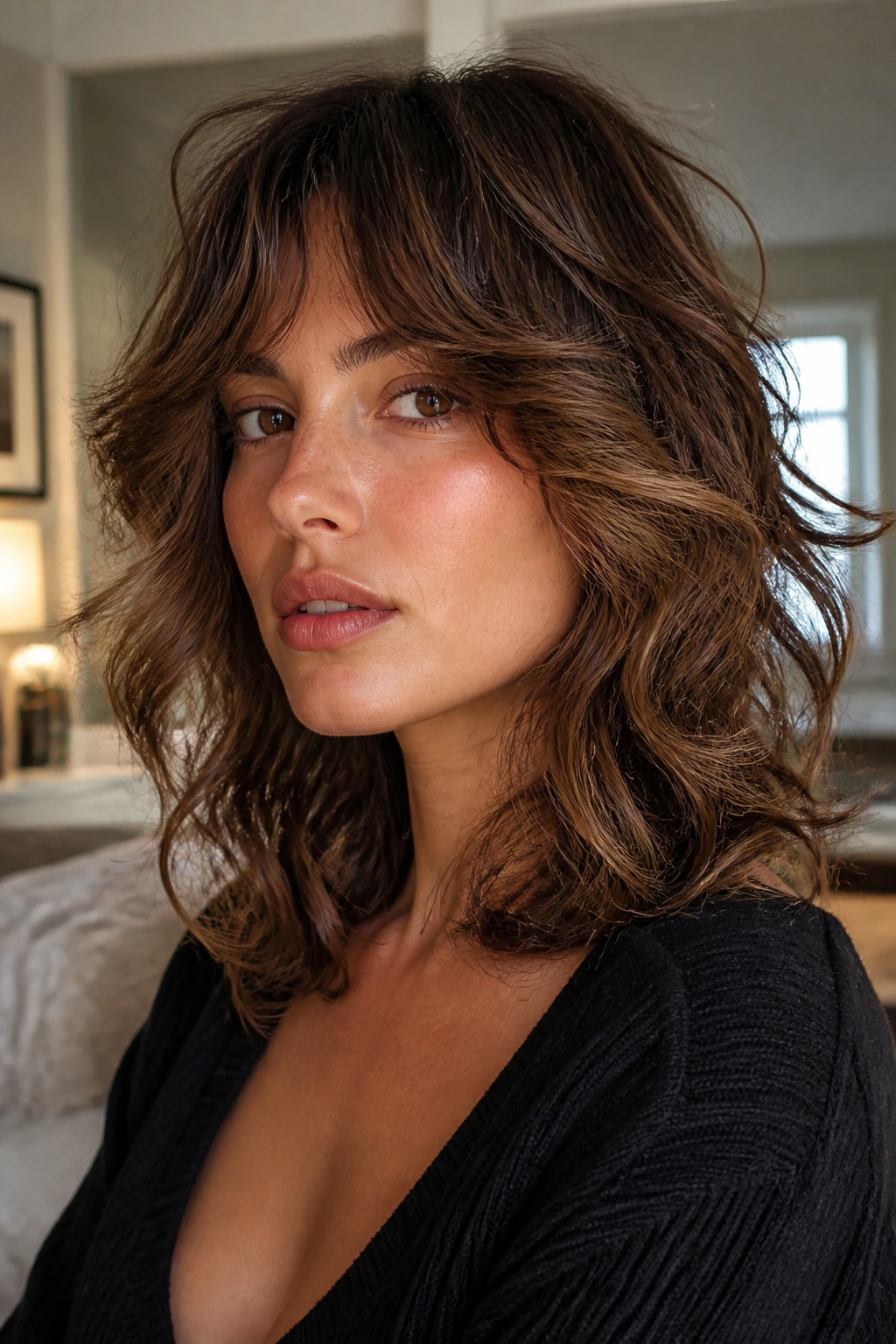 Real woman with rounded shag and cheekbone fringe close-up portrait